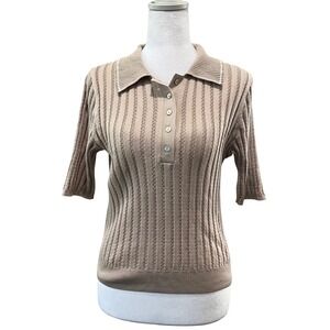 AlpNRock ANR+ Polo Top Womens Small Beige Pointelle Ribbed Knit Cotton‎ Preppy
